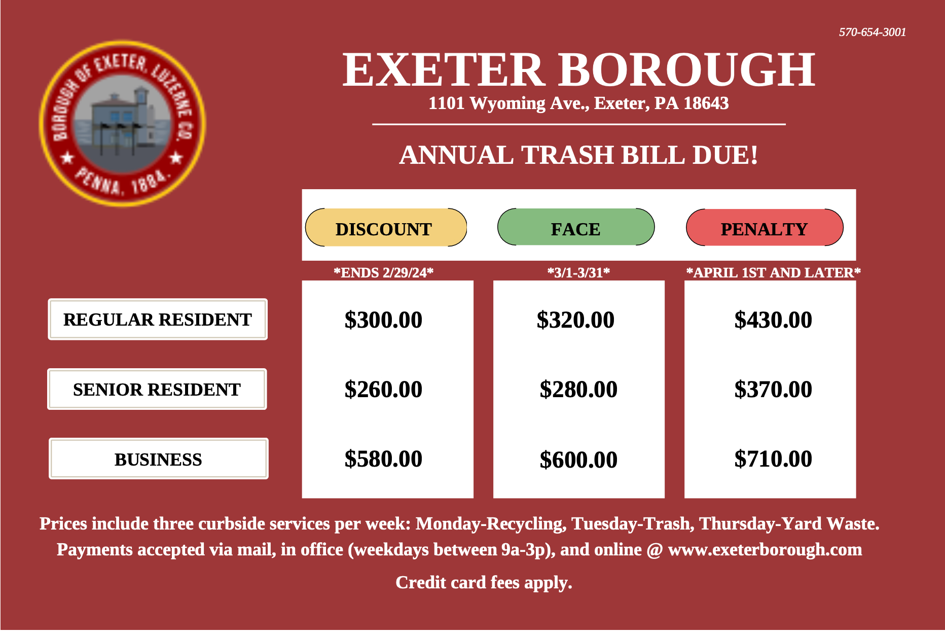 Exeter Borough Trash Fee Schedule 2024 Borough of Exeter, Luzerne